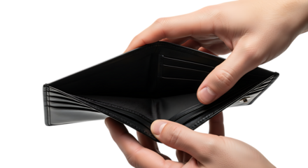 Hands holding an empty black wallet isolated on transparent background