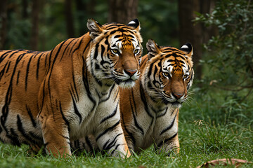 Fototapeta premium A spooky Halloween arrangement with glowing carved pumpkins, candles, ghosts, and spiderwebs on a dark wooden surface.