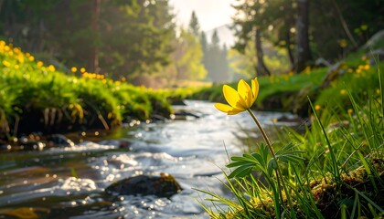 Serene Mountain Stream with Wildflowers.