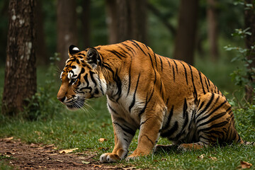 A majestic Bengal tiger sits alertly in a lush green forest, its striped coat blending with the natural surroundings.