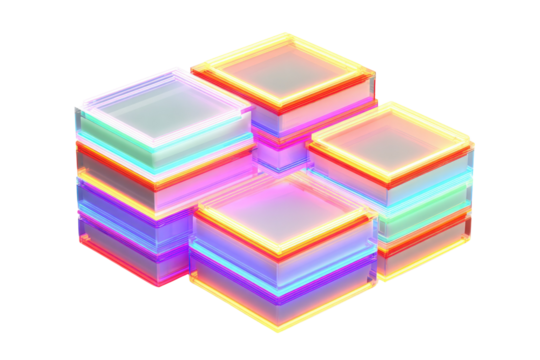 Four stacks of vibrant, glowing, transparent square blocks with neon-like edges, arranged geometrically on a dark background, creating a dazzling abstract display. background removed