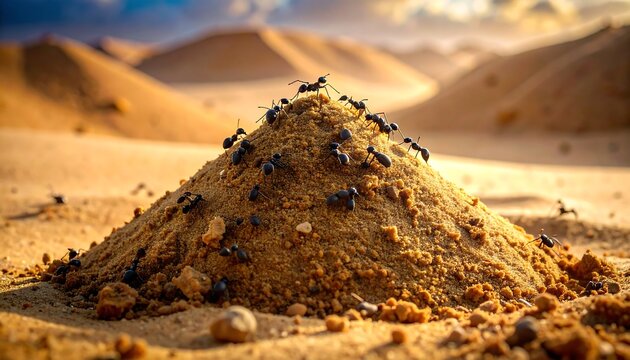 A small ant hill is clustered with ants in the foreground, with desert sand dunes forming the backdrop