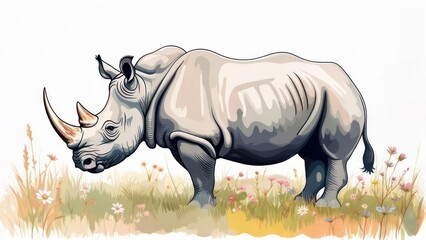 Obraz premium A stylized depiction of a rhinoceros standing in a field of wildflowers, rendered in soft colors