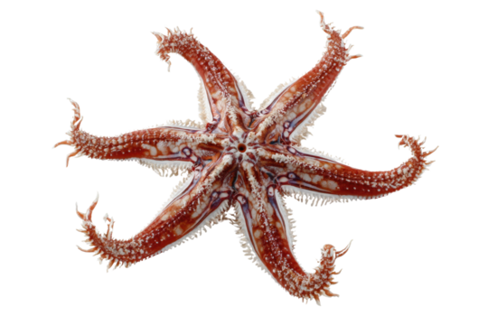 Underside view of a striking six-armed sea star on a transparent background, showcasing its intricate reddish-brown and white patterns and tube feet. background removed