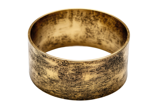 An antique-looking, wide gold-tone cuff bracelet with a distinct textured and distressed finish, isolated against a solid transparent background, showcasing rustic charm. background removed