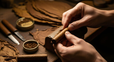Man hand forming a cigar using tobacco leaf. Artisan making traditional handmade cigar. Tobacco industry and craftsmanship concept.
