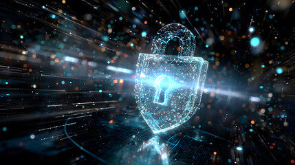 Fototapeta premium Visualization of digital cybersecurity featuring glowing lock and shield