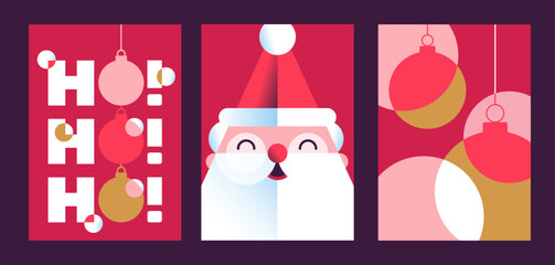 christmas greeting card poster banner set with santa claus ho ho ho text and festive ornaments in red and gold
