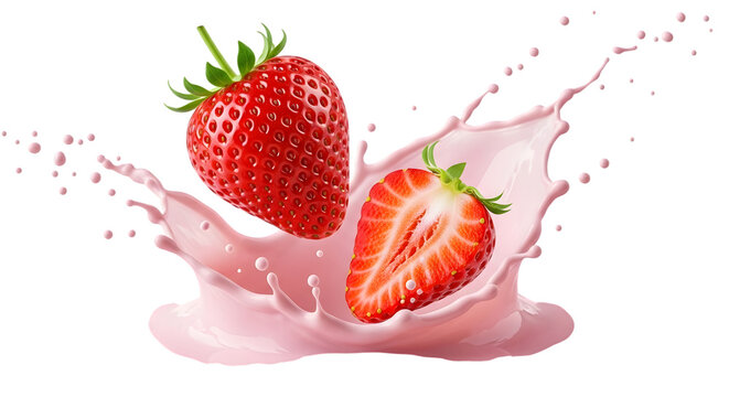 Fresh strawberries splashing in pink cream isolated on transparent background
