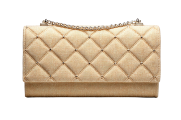 Elegant beige quilted clutch bag with silver chain strap and studded diamond pattern, perfect for evening wear or special occasions, isolated on black. background removed