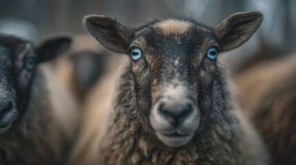 Fototapeta premium Close-up portrait of a striking sheep with intense blue eyes amidst the flock stands