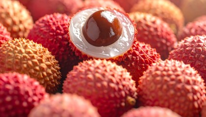 A close-up shows a pile of bumpy red fruit, one sliced open revealing juicy white flesh and a dark seed