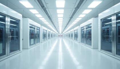 Obraz premium Long, empty, bright cleanroom facility corridor. Many sterile rooms with glass doors line white hallway. Bright fluorescent lights illuminate modern high-tech laboratory production area. Advanced