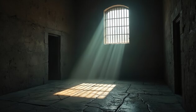 Sunlight streams through barred window into empty old stone prison cell. Dark dungeon with rough walls, cracked floor, and heavy door. Isolation and despair are felt.