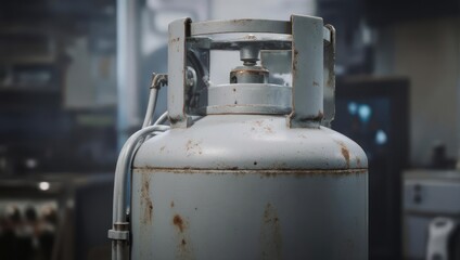 Fototapeta premium A close-up of a weathered, cylindrical metal tank with a valve, against a blurred background