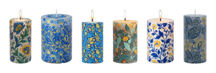Decorative pillar candle set including blue and gold floral patterns, some lit and some unlit, isolated. Home decor and ambient lighting.
