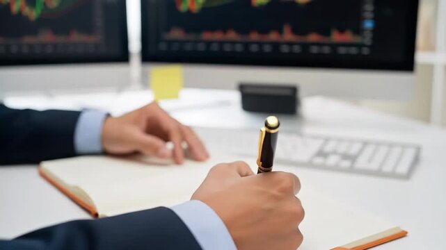 Businessmen analyze market trends shown on monitors Graphs display upward and downward movement Investment strategy discussion is underway A pen and orange object are visible