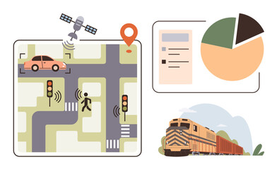 Car at crossroads, traffic lights, pedestrian, GPS satellite, location pin, pie chart, freight train. Ideal for navigation transport logistics technology safety data analysis innovation. Simple