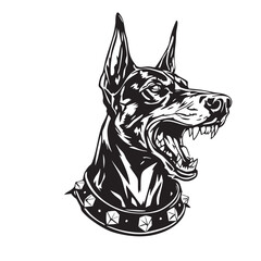 Aggressive Doberman Silhouette Vector — Black and White Illustration of Snarling Dog with Spiked Collar and Fierce Expression