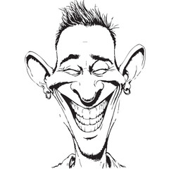 Smiling Caricature Vector — Black and White Illustration of Person with Exaggerated Facial Features, Earrings, and Expressive Style