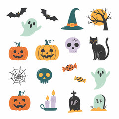 Halloween Spooky Icons Set Cute Cartoon Elements Collection