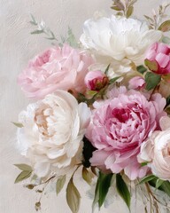 Obraz premium Oil painting bouquet of pink and cream peonies, rich brush strokes, textured canvas, warm pastel tones, romantic wedding invitation style