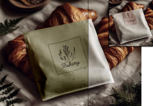 Bakery paper bag mockup with croissants