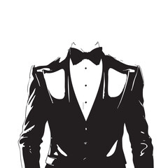 Formal Tuxedo Silhouette Vector — Black and White Illustration of Bow Tie, Vest, and Jacket with Abstract Headless Design
