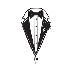 Formal Tuxedo Vector — Black and White Illustration of Suit with Bow Tie, Lapels, Dress Shirt, and Boutonnière Flower Accent
