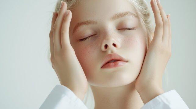 Close-up Portrait of a Young Woman with Fair Skin and Closed Eyes Gently Touching Her Face, Isolated on a Soft White Background for Beauty and Wellness Concepts