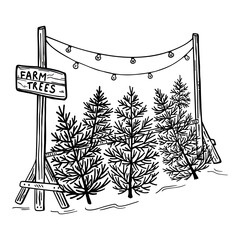 Whimsical black-and-white doodle illustration of a Christmas tree market. Trees for sale, &ldquo;FarmTrees&rdquo; sign, fairy lights. Hand-drawn, festive, charming scene for holiday design.
