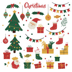 Festive christmas decorations and gifts collection with santa claus and trees