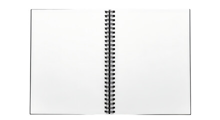 Open spiralbound notebook with blank white pages isolated on transparent background