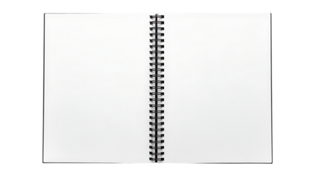 Open spiralbound notebook with blank white pages isolated on transparent background