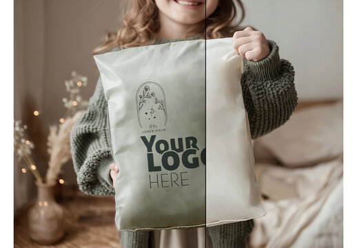 Plastic shipping bag mockup held by child