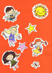 Girls stickers on a red background. Children's applique