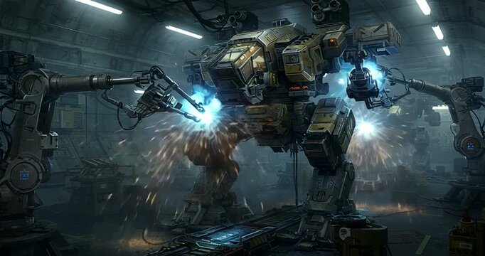 Giant mech robot in futuristic hangar with machinery