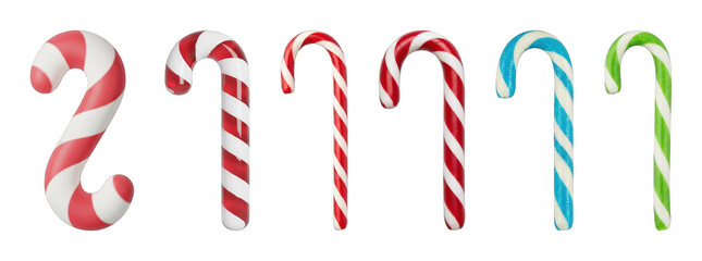 Candy cane set including red and white, blue, green, glossy, matte, and textured styles isolated. Christmas holiday and festive confectionery collection.