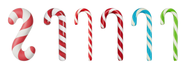 Candy cane set including red and white, blue, green, glossy, matte, and textured styles isolated. Christmas holiday and festive confectionery collection.