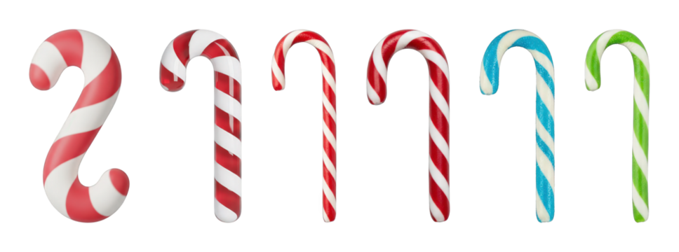 Candy cane set including red and white, blue, green, glossy, matte, and textured styles isolated. Christmas holiday and festive confectionery collection.