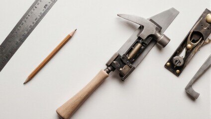 Fototapeta premium A carpenter's set of tools laid out on a white surface. Top-down view