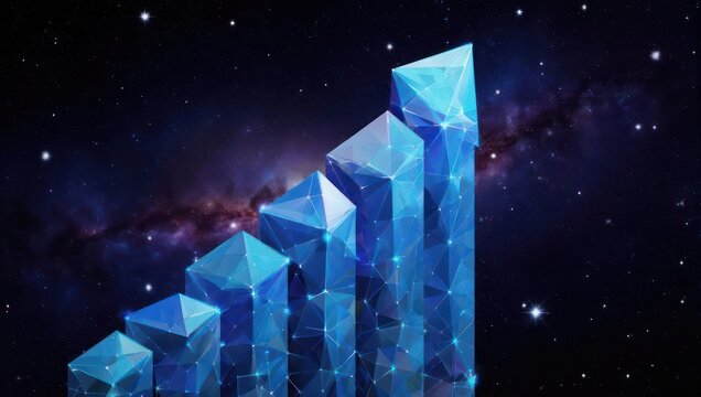 A blue geometric arrow pointing upwards against a cosmic galaxy background, suggesting growth