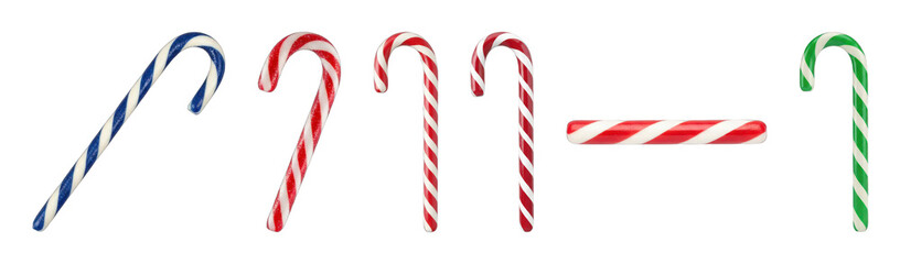 Candy cane set including classic red, blue, green, and straight pieces isolated. Holiday confectionery and festive treats.