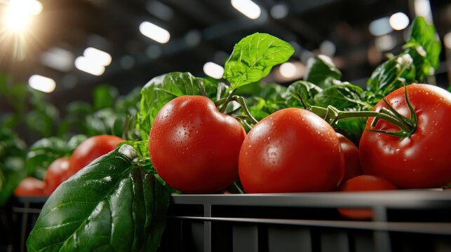 Close-up of Fresh Red Tomatoes Growing in a Greenhouse, Hydroponic Farming, Sustainable Agriculture, Healthy Eating, Organic Produce