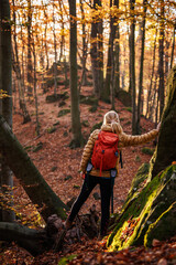 Adventure in nature. Woman hiking in autumn forest. Female hiker with red backpack itrekking in wilderness