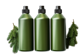 Trio of green bottles arranged side by side for natural skincare presentation