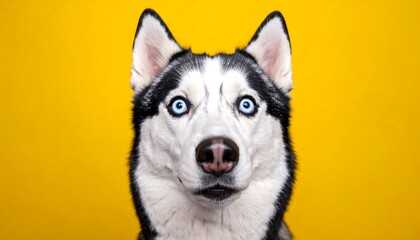 A close-up shot captures a stunning Husky dog with piercing blue eyes, set against a vivid yellow backdrop. The dog stares directly at the viewer