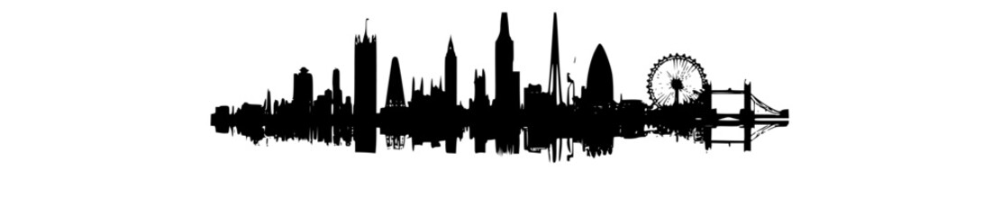 Fototapeta premium a black and white silhouette of a city skyline with reflectionsblack, building, city, city skyline, city view, illustration, landmark, reflection, skyline, water, world 