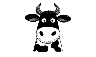 a black and white drawing of a cartoon cow with hornsanimal, black, bull, cow, head, illustration, trumpet, white 