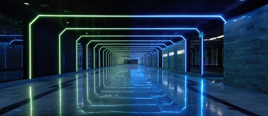 Neon-lit corridor in an urban shopping center